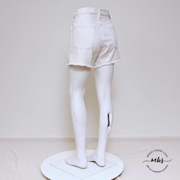 Levi's 501 Distressed Button Fly High Waist Frayed Hem Side Slit Denim Shorts - Picture 6 of 14